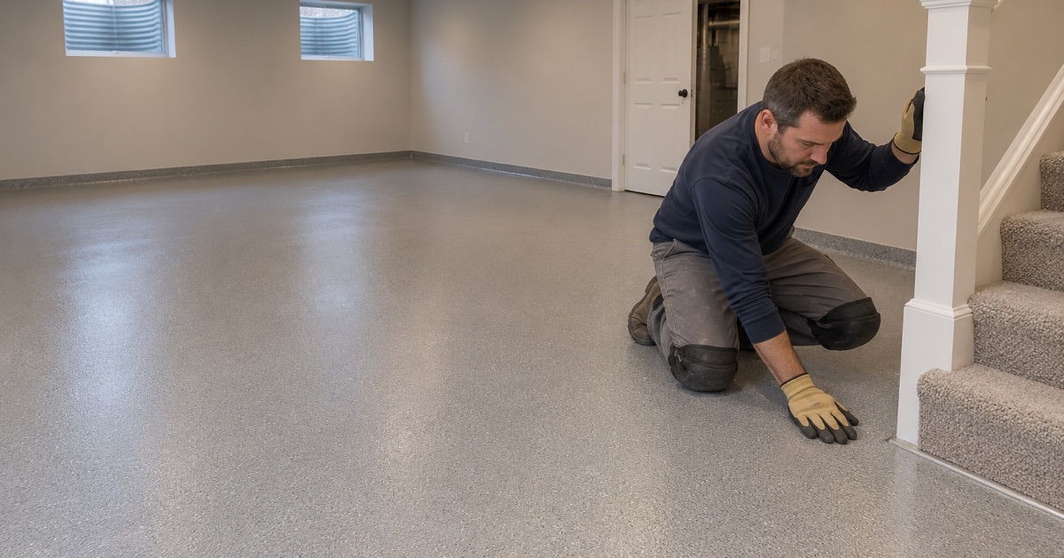 A finished warm gray quartz epoxy floor in a Bartlett basement family room, ending in a neat transition at the foot of the stairs.