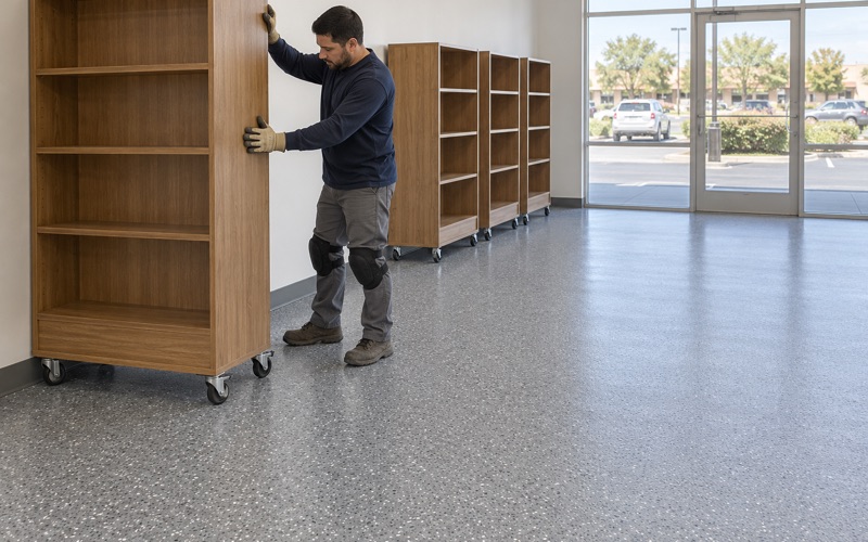 A rolling display fixture eased back onto a new seamless gray epoxy floor in a Bartlett strip center shop.
