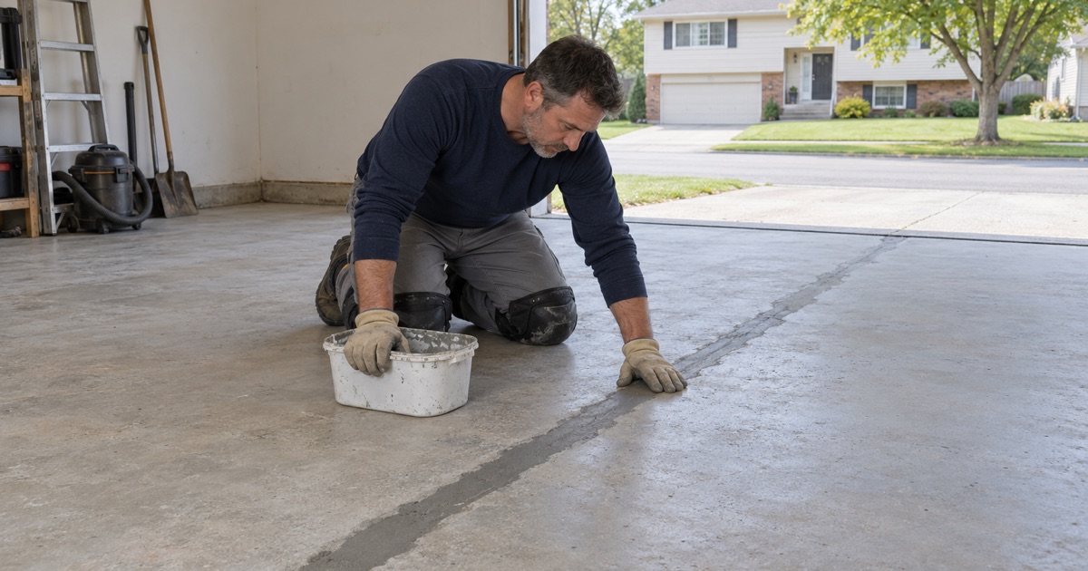 A crack across a Bartlett garage slab chased out, filled flush with gray repair mortar and ground level before coating.