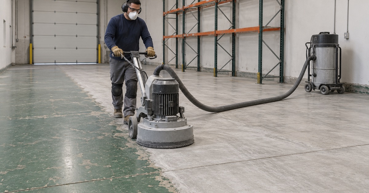A walk-behind diamond grinder taking an old coating off a flex warehouse floor in a Bartlett business park.