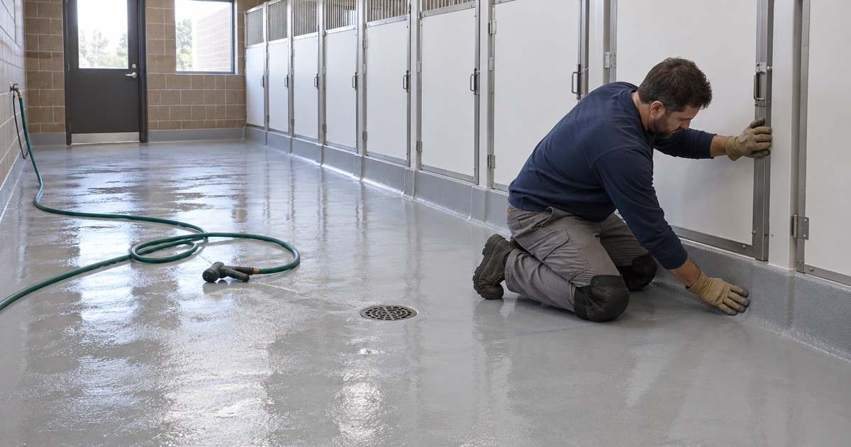 A seamless coved boarding room floor in Barrington rinsed at low pressure and draining to its floor drain