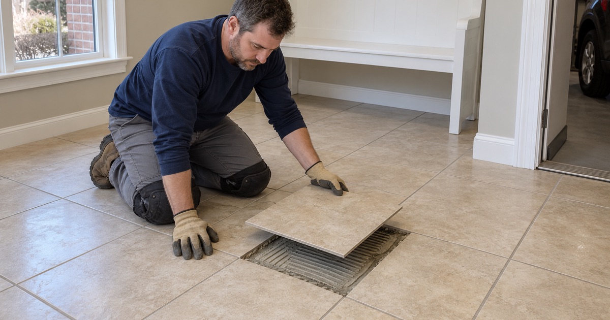 A loose ceramic tile lifted out of a Burr Ridge mudroom floor while the rest is sounded before resin goes over it.