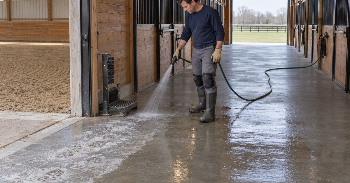 White salt crust rinsed off a sealed barn aisle floor at the indoor arena door on a Campton Hills horse property.