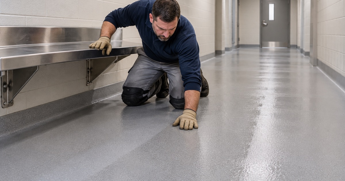 A seamless sealed corridor floor in a Cary police building, wiped wet rather than swept