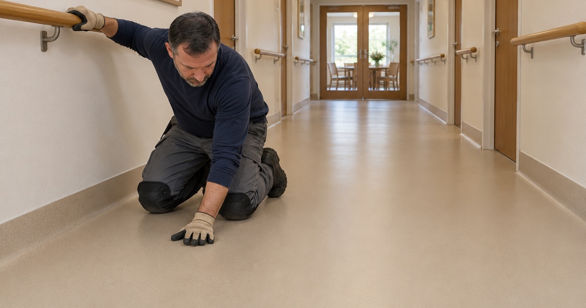 A smooth fine-textured resin floor in a Deerfield assisted living corridor, easy to roll a wheelchair across