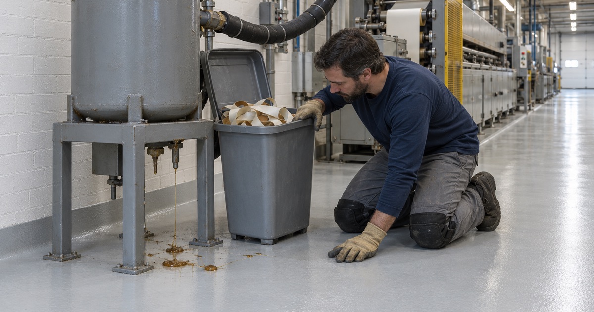 Hardened dark hot-melt drips on a light, smooth coated floor beside an adhesive tank in a Forest Park tape plant.