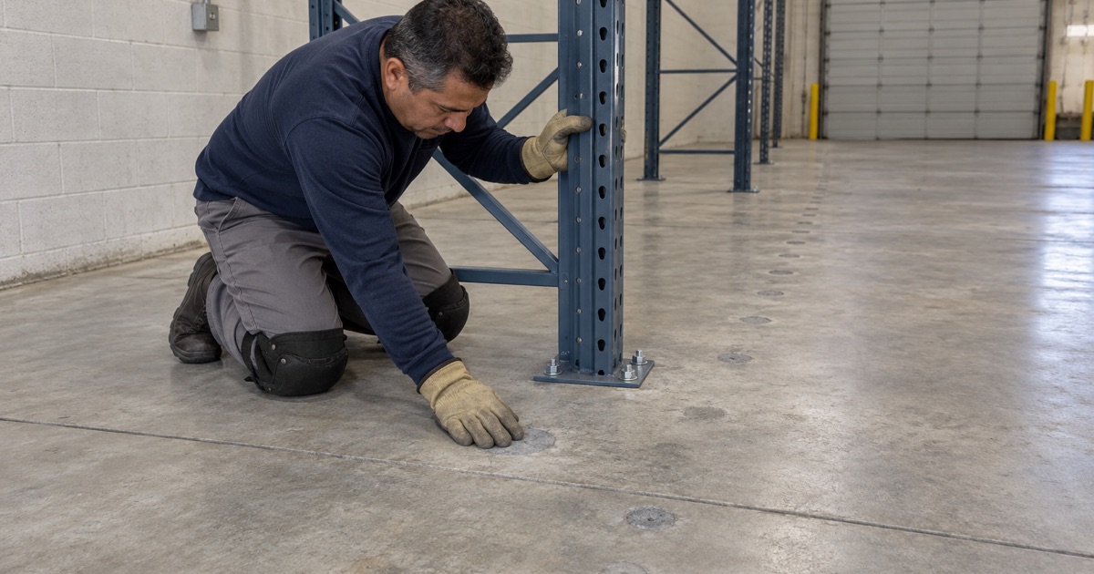 Old rack anchor holes filled flush on a Justice warehouse slab, a new rack upright anchored in sound concrete beside them.