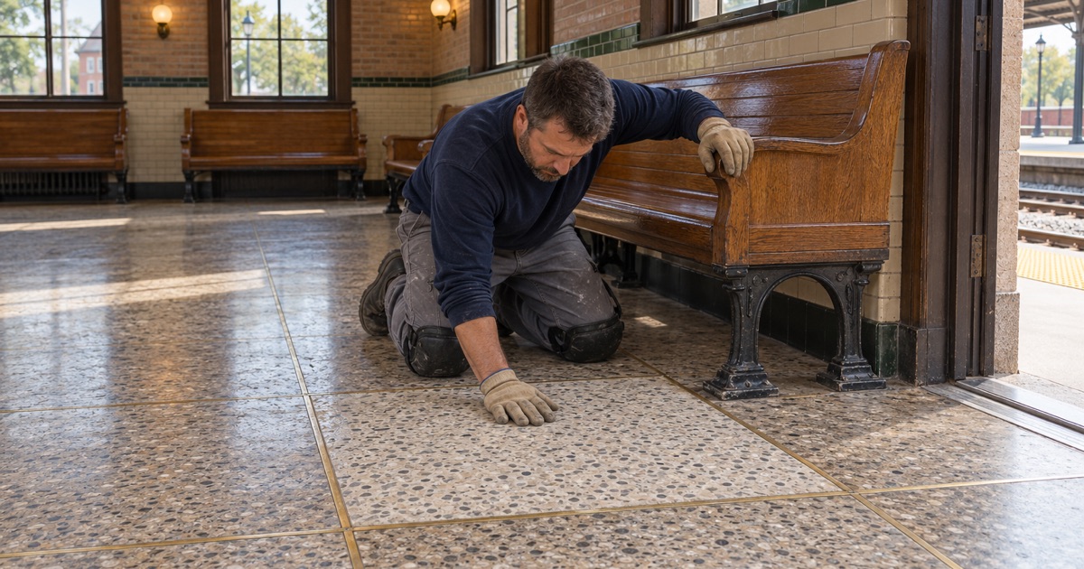 A terrazzo floor with a fresh patch in the waiting room of a commuter rail depot in La Grange.