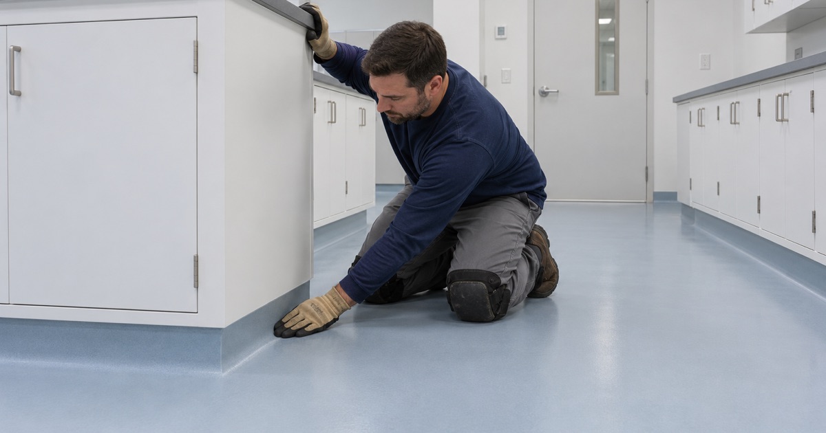 A seamless resin floor coved up under the casework of a Lake Zurich microbiology lab, with no bare strip at the toe kick.
