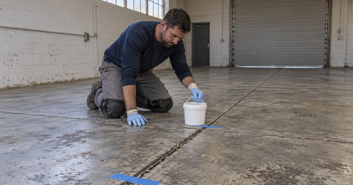 Old brittle black joint sealant marked off for sampling before any grinding in an older Lyons industrial unit.