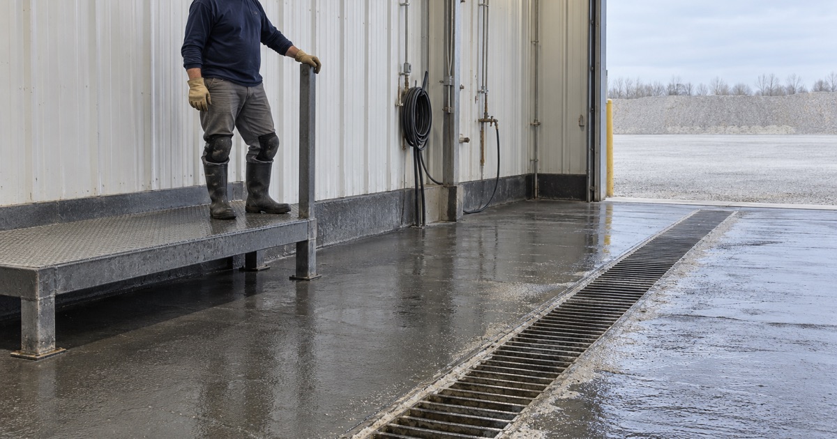 A hosed concrete floor draining to its trench drain beside a raised dry standing platform in a North Aurora mine-property shop.