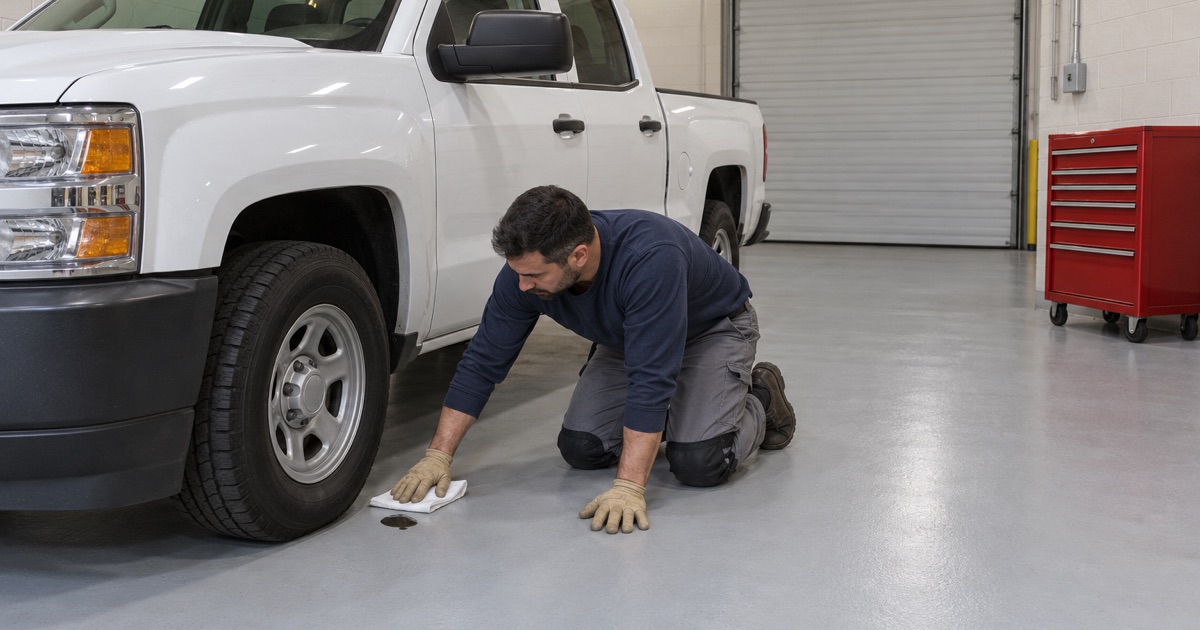 A fresh drip wiped off a light, lightly textured coated floor under a pickup in the Northlake public works repair garage.