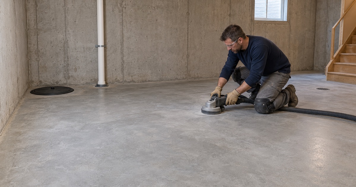 Grinding stopped short of the sealed sump lid and radon vent pipe in a Pingree Grove basement