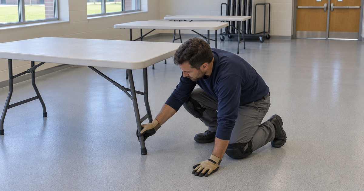 A washable hard resin floor under snack and activity tables in a Prospect Heights preschool room