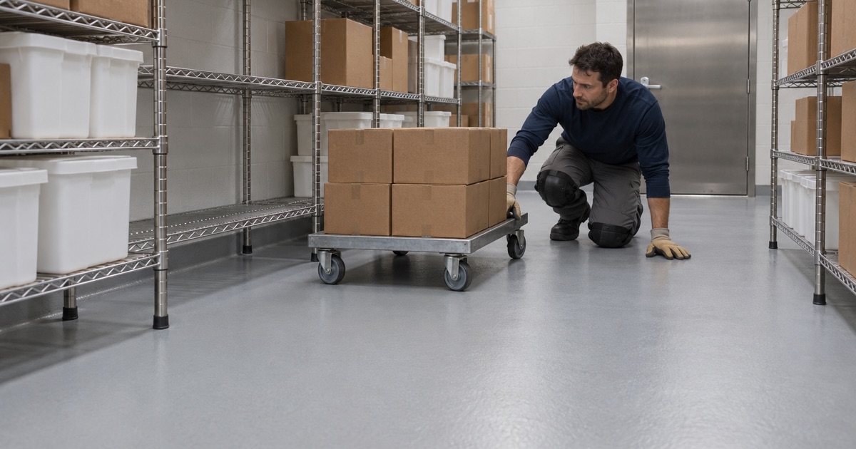 Stainless storage racks standing six inches off a continuous sealed floor in a Schiller Park shared commercial kitchen storeroom.
