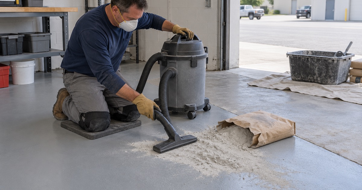Spilled portland cement powder taken up dry with a shop vacuum from a coated shop floor in Summit, the patch mortar mixed off the coating.