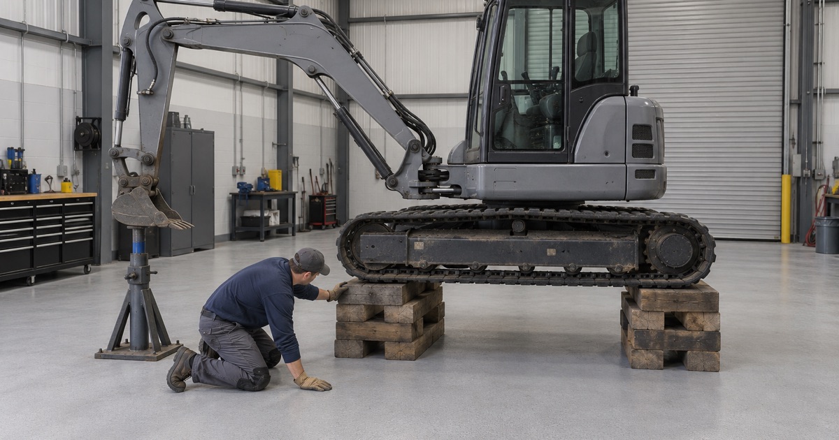 A compact excavator raised on timber cribbing over a hard textured coated floor in a Warrenville equipment repair shop.