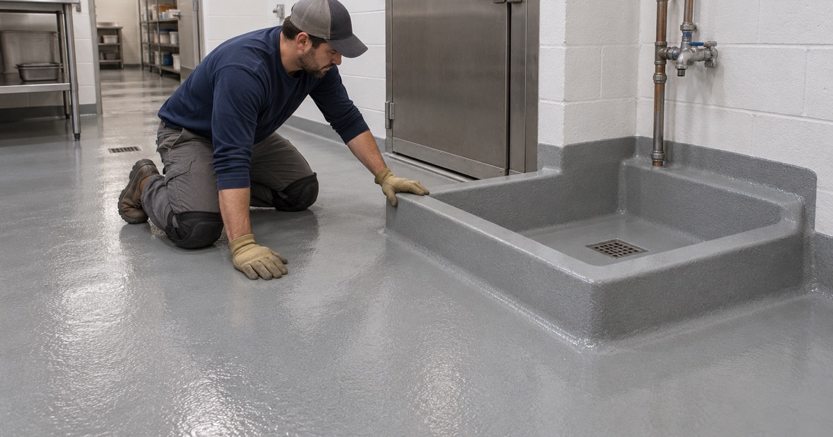 A sealed floor beside the walk-in keg cooler of a Wauconda taproom, squeegeed dry to its drain