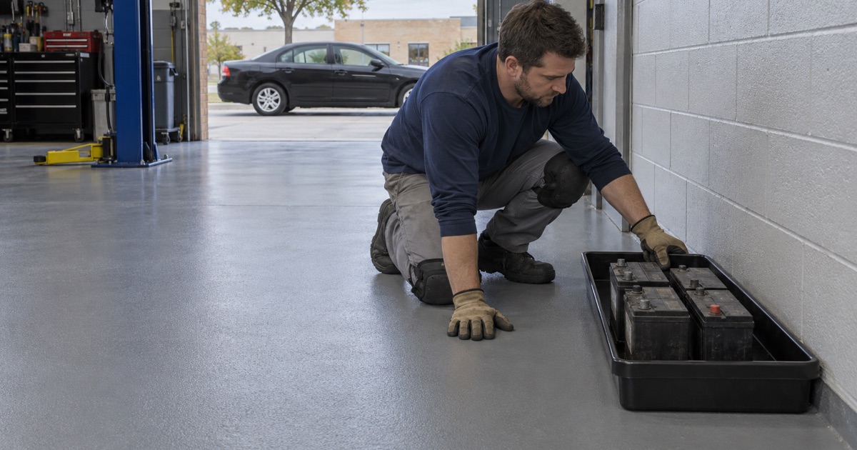 A coated repair bay in a Winfield garage, the floor kept clear of anything that could ignite low vapor