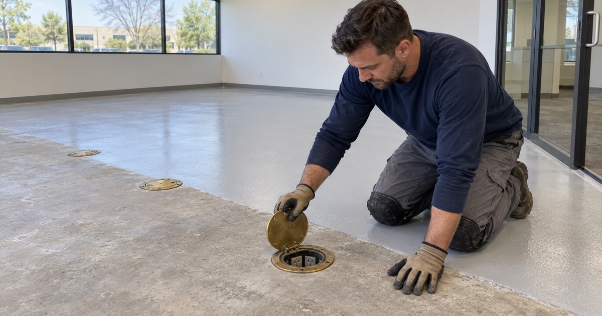 An open floor box in a Wood Dale office being checked before a resin floor replaces the carpet, the coating stopping at its flange.