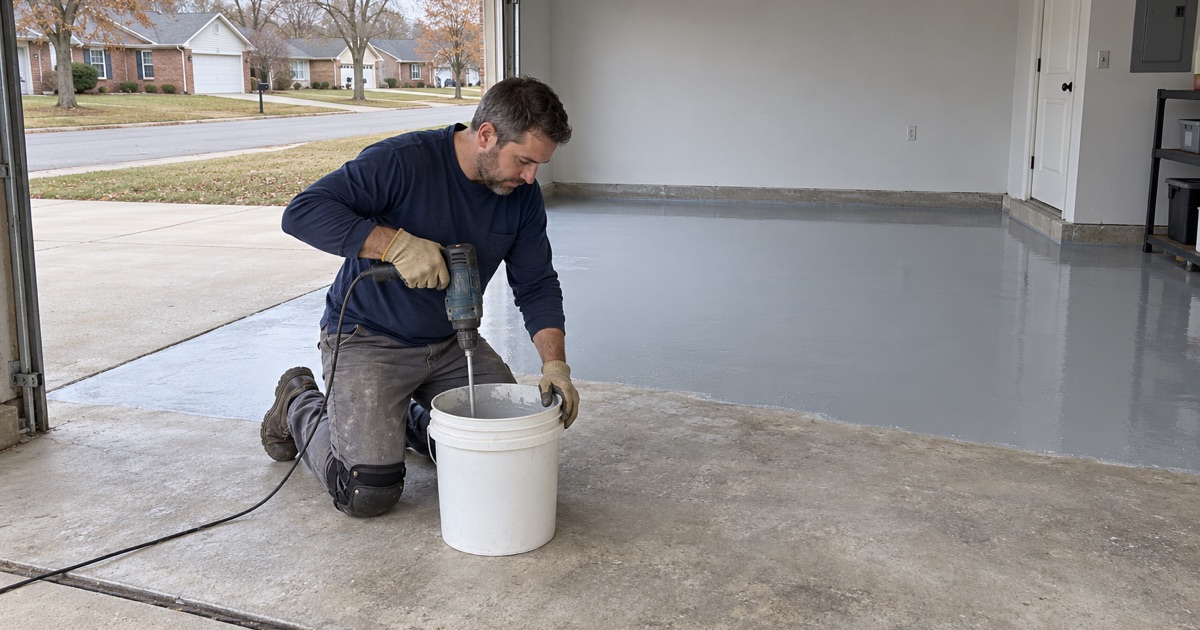 Gray epoxy being mixed in a pail on a ground Bartlett garage slab, the first coat already spread across the back of the floor.