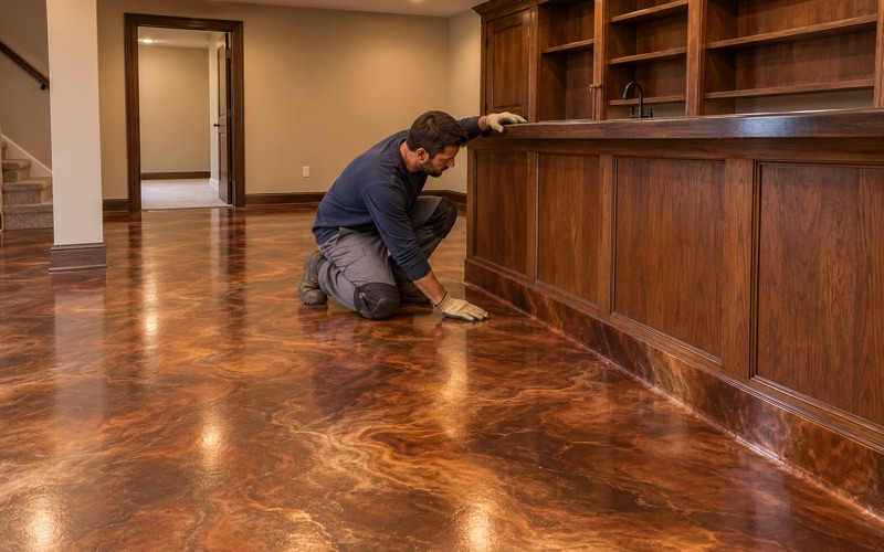 A copper and bronze metallic epoxy floor finished around a home bar in a Bartlett basement.