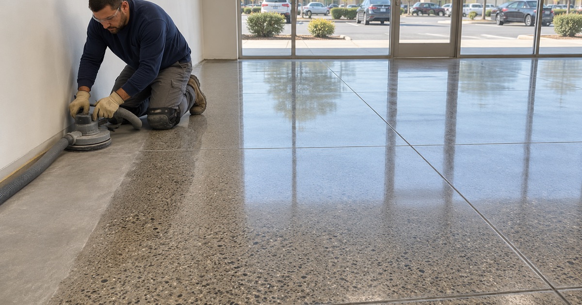 The strip along a wall being edge-polished to match a newly polished retail floor in a Bartlett strip center store.
