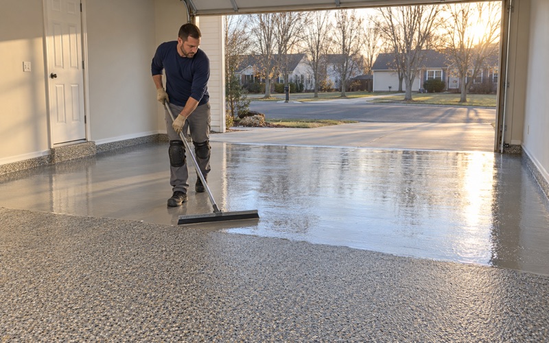 A clear polyaspartic topcoat being pulled across a flake floor in a Bartlett garage on a cold late-fall afternoon.