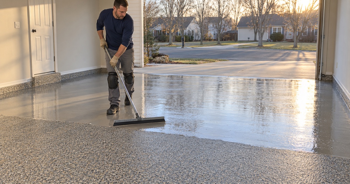 A clear polyaspartic topcoat being pulled across a flake floor in a Bartlett garage on a cold late-fall afternoon.